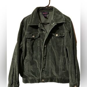 NWOT Green Corduroy denim jacket with front button closure.
